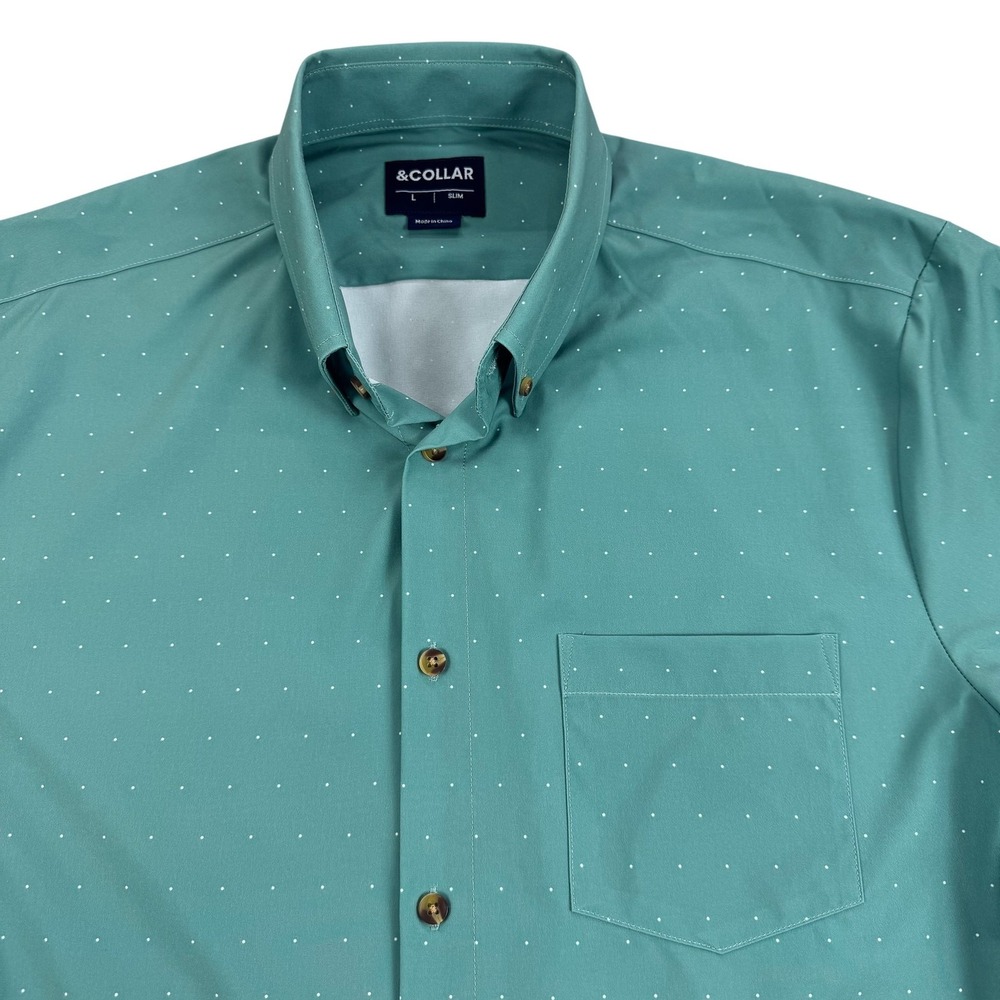 &COLLAR Dress Shirt Mens Large Green Polka Dot Slim Fit Stretch Short Sleeve